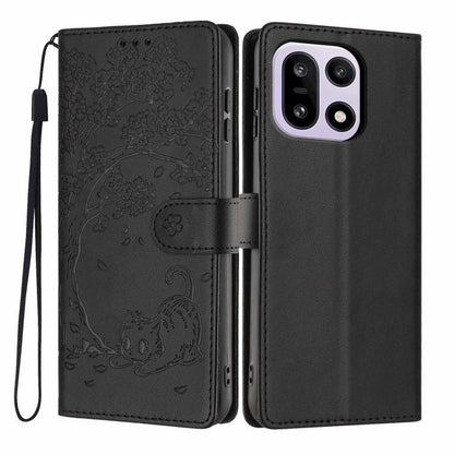 Black flip vegan leather phone case with embossed tree and cat, wrist strap
