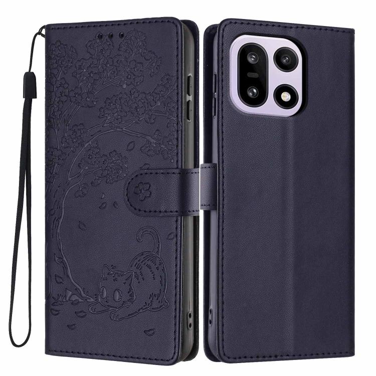 Dark blue flip vegan leather phone case with embossed tree and cat, wrist strap