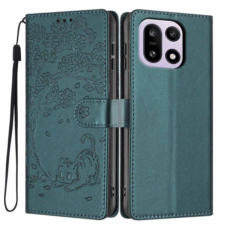 Dark green flip phone case with tree and cat embossing, wrist strap, for two cameras
