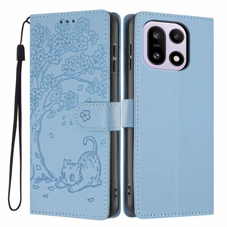 Light blue flip phone case with tree and cat embossing, wrist strap, for two cameras