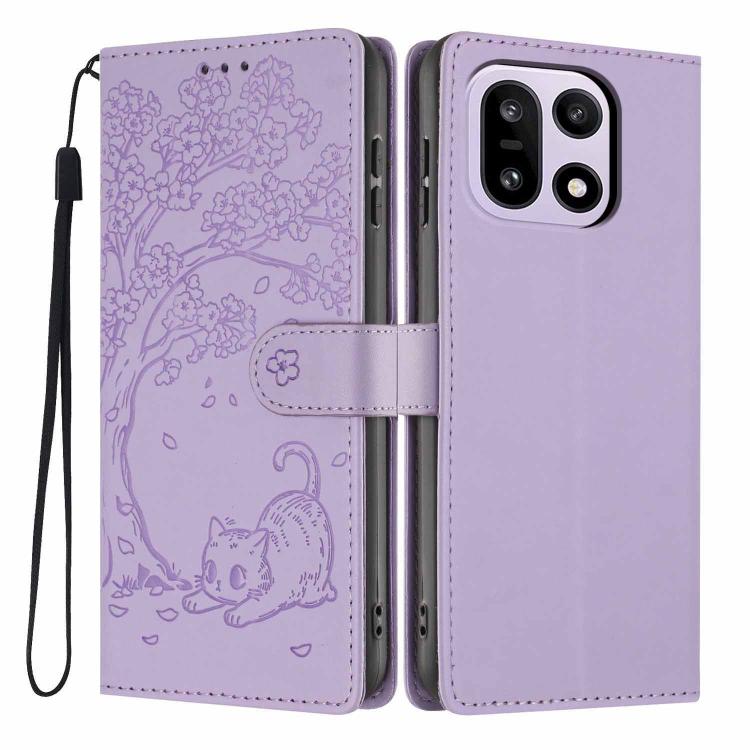 Purple flip phone case with tree and cat embossing, wrist strap, for two cameras