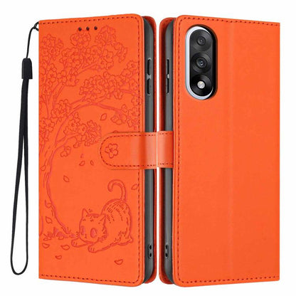 Orange flip phone case with tree and cat embossing, wrist strap, for two cameras