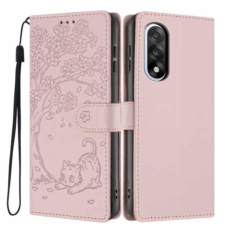Light pink flip phone case with tree and cat embossing, wrist strap, for two cameras