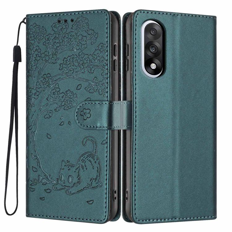 Teal flip phone case with tree and cat embossing, wrist strap, for two cameras