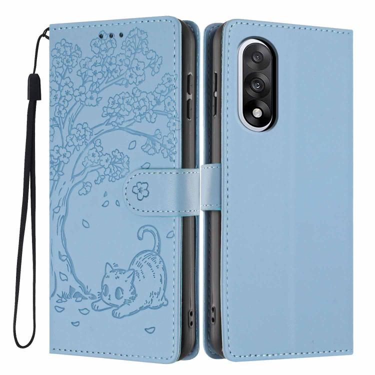 Light blue flip phone case with tree and cat embossing, wrist strap, for two cameras