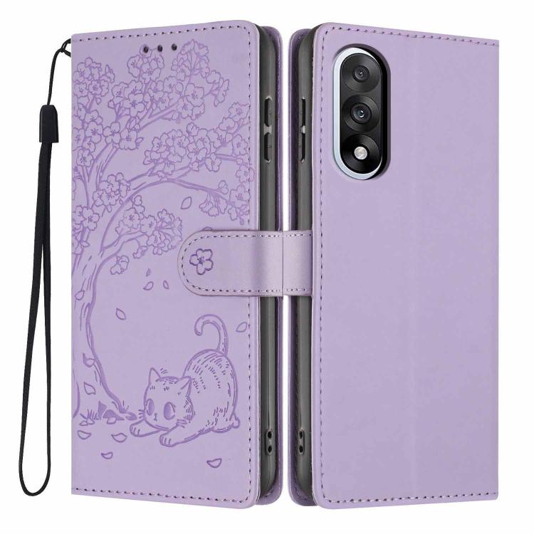 Purple tree-cat embossed flip vegan leather phone case with wrist strap