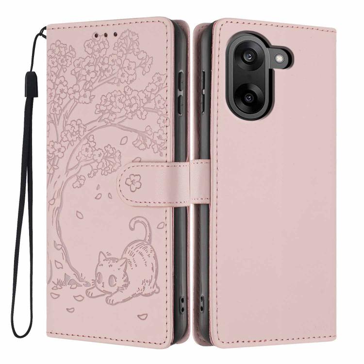 Rose pink tree-cat embossed flip vegan leather phone case with wrist strap