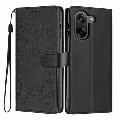 Black tree-cat embossed flip vegan leather phone case with wrist strap