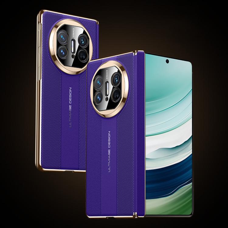 Folding hinge phone case in purple with gold accents and dual camera cutouts