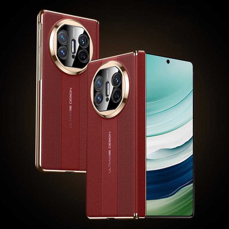 Folding hinge phone case in red with gold trim, hinge bar, and camera cutouts
