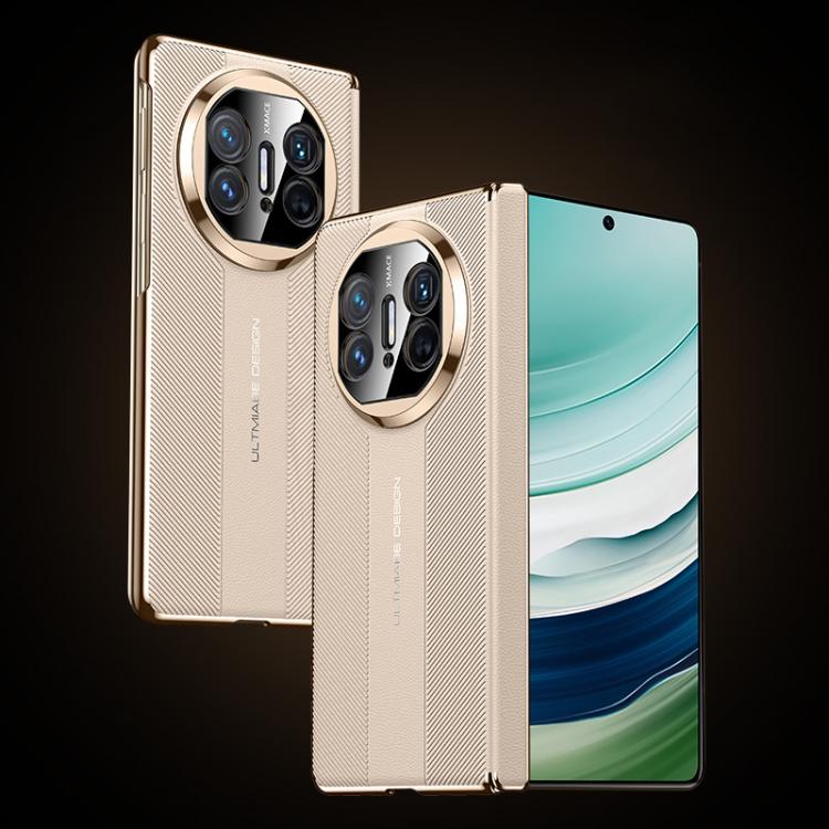 Folding hinge phone case in gold with metallic trim and dual camera cutouts