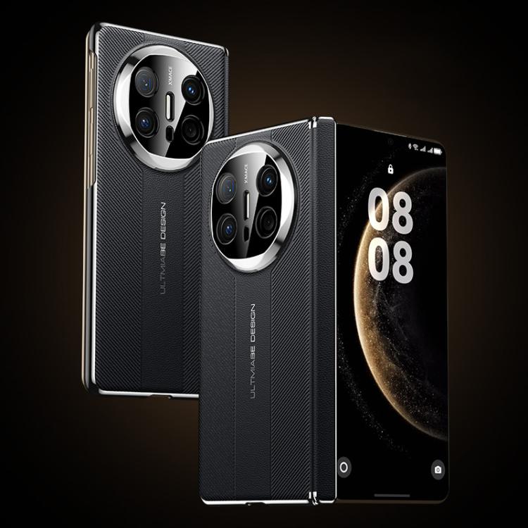 Black folding hinge phone case with textured finish, silver camera ring accents, and hinge