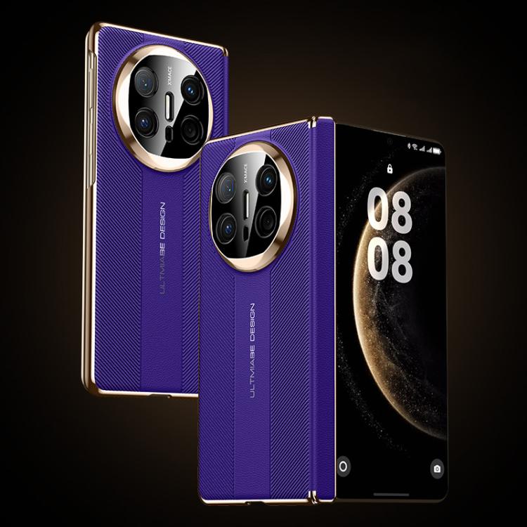 Purple folding hinge phone case with textured finish, silver camera ring accents, and hinge