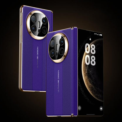 Purple folding hinge phone case with textured finish, silver camera ring accents, and hinge