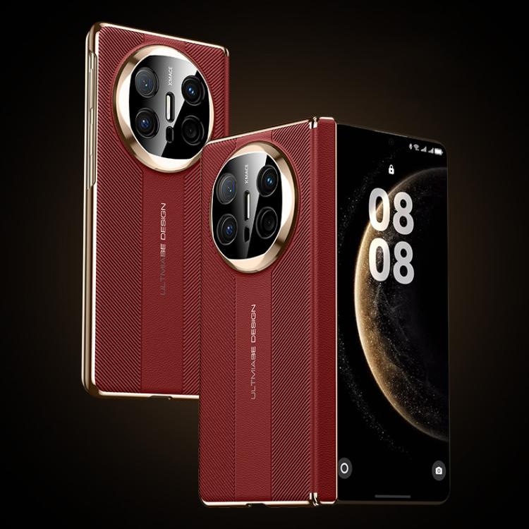 Red folding hinge phone case with textured finish, silver camera ring accents, and hinge