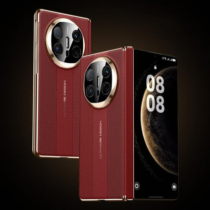 Red folding hinge phone case with textured finish, silver camera ring accents, and hinge