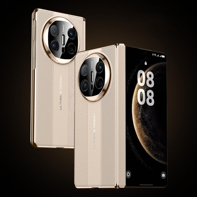 Gold folding hinge phone case with textured finish, silver camera ring accents, and hinge
