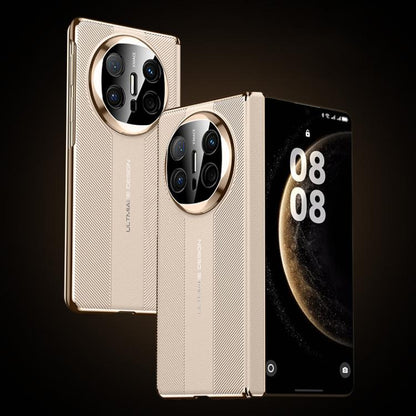 Gold folding hinge phone case with textured finish, silver camera ring accents, and hinge