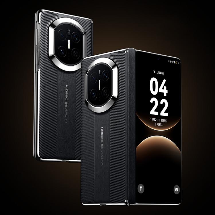 Black folding hinge phone case with textured finish, raised camera rings, and strap-style details