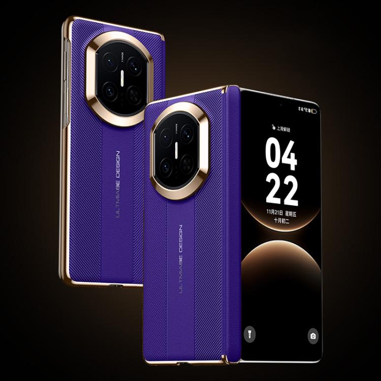Purple folding hinge phone case with textured finish, raised camera rings, and strap-style details