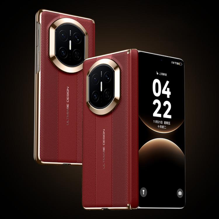 Red folding hinge phone case with textured finish, raised camera rings, and strap-style details