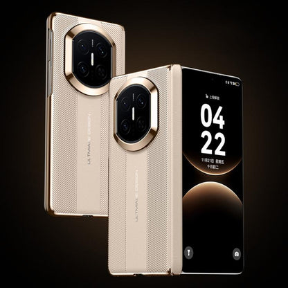 Gold folding hinge phone case with textured finish, raised camera rings, and strap-style details