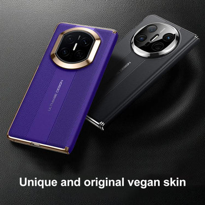 Folding hinge phone case in purple and dark gray with dual camera cutouts