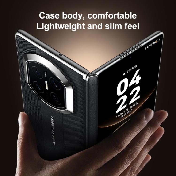 Folding hinge phone case in black, shown open, held by hands