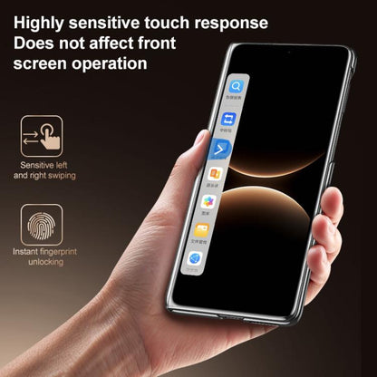 Black folding phone case on a handset held in hand, with front screen view