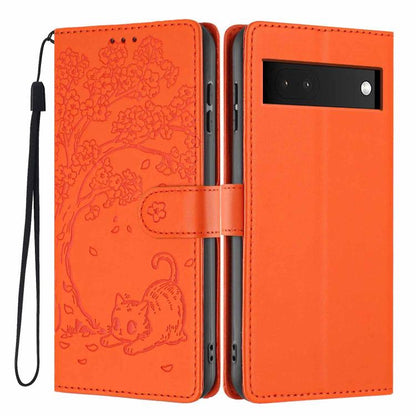 Tree Cat Embossed Flip Vegan Leather Phone Case, For Google Pixel 7, For Google Pixel 6a