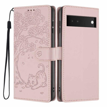 Tree Cat Embossed Flip Vegan Leather Phone Case, For Google Pixel 7, For Google Pixel 6a