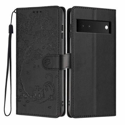 Tree Cat Embossed Flip Vegan Leather Phone Case, For Google Pixel 7, For Google Pixel 6a