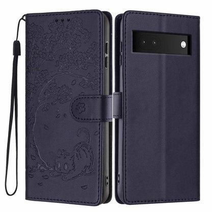 Tree Cat Embossed Flip Vegan Leather Phone Case, For Google Pixel 7, For Google Pixel 6a