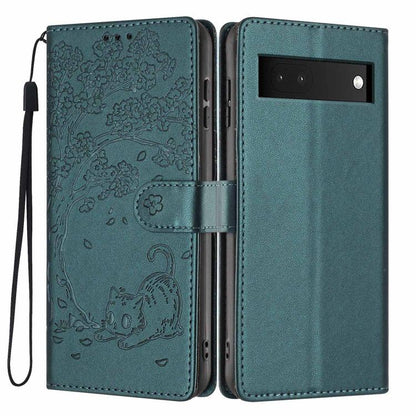Tree Cat Embossed Flip Vegan Leather Phone Case, For Google Pixel 7, For Google Pixel 6a