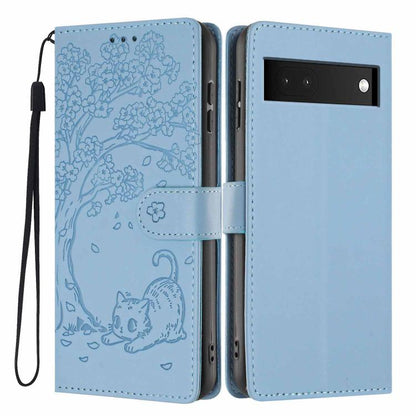 Tree Cat Embossed Flip Vegan Leather Phone Case, For Google Pixel 7, For Google Pixel 6a