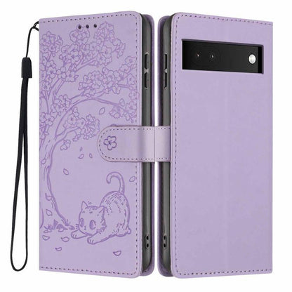 Tree Cat Embossed Flip Vegan Leather Phone Case, For Google Pixel 7, For Google Pixel 6a