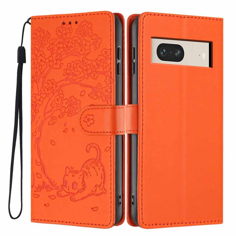 Tree Cat Embossed Flip Vegan Leather Phone Case, For Google Pixel 7, For Google Pixel 6a