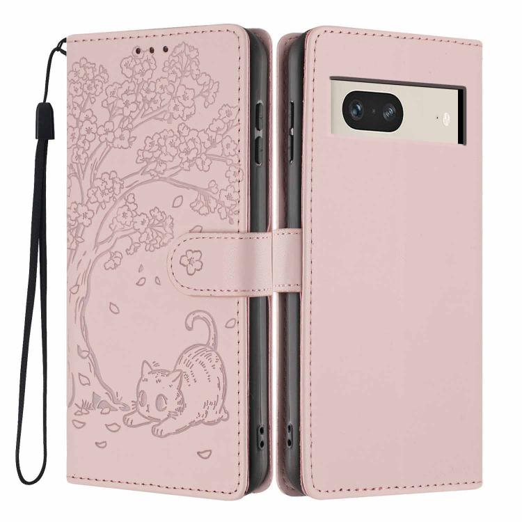 Tree Cat Embossed Flip Vegan Leather Phone Case, For Google Pixel 7, For Google Pixel 6a