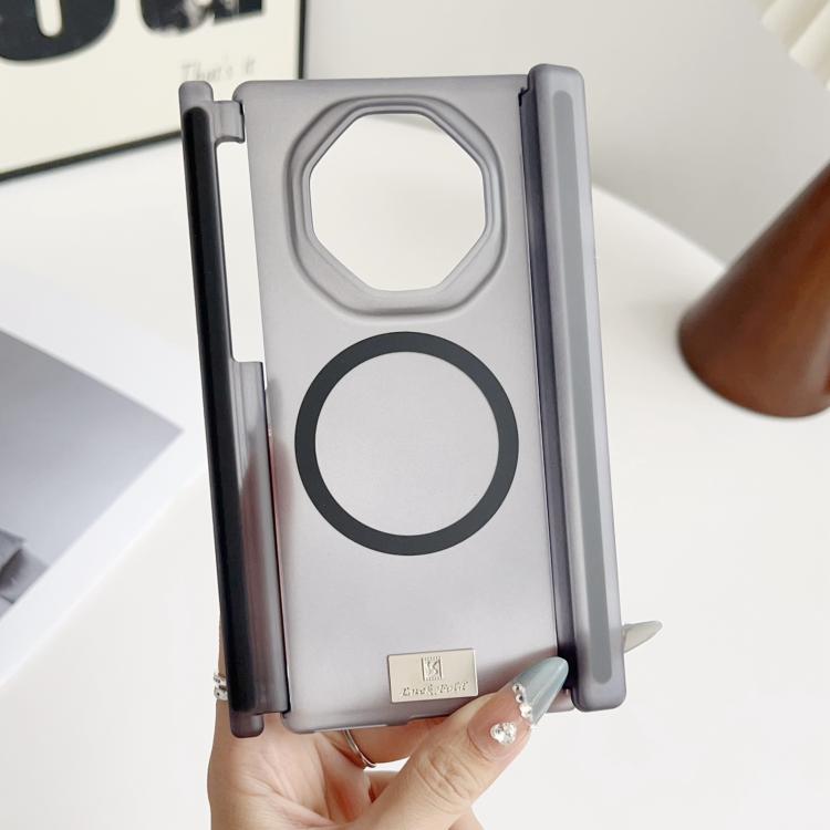 Icy matte phone case with magnetic hinge, circular ring and camera cutout, dark gray