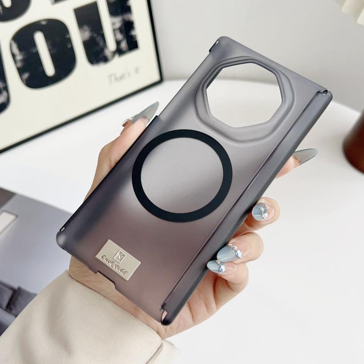 Dual-side magnetic hinge phone case with large ring design and camera cutout, dark gray