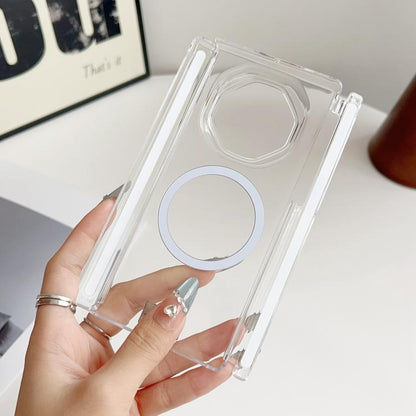 Clear icy phone case with magnetic hinge, circular ring and camera cutout, light blue