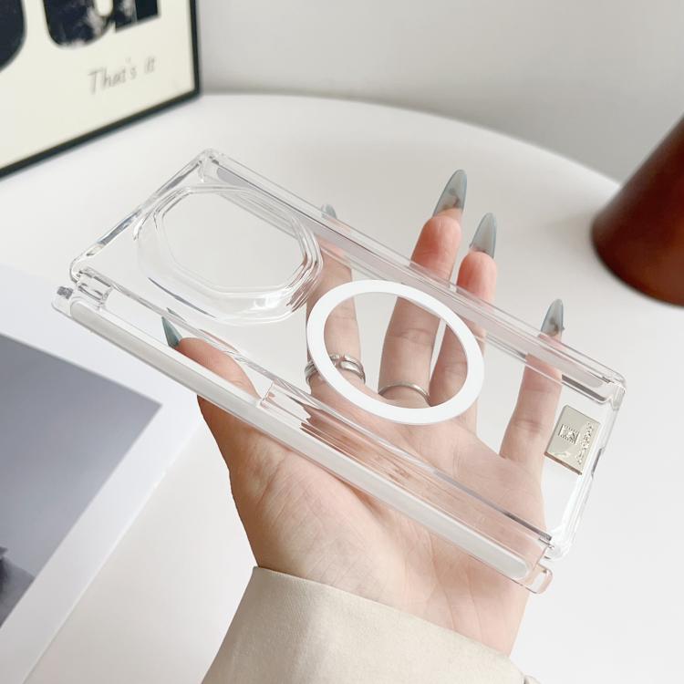Transparent magnetic hinge phone case with circular ring and camera cutout, clear