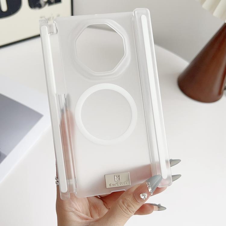 Transparent white phone case with magnetic hinge, circular ring and camera cutout