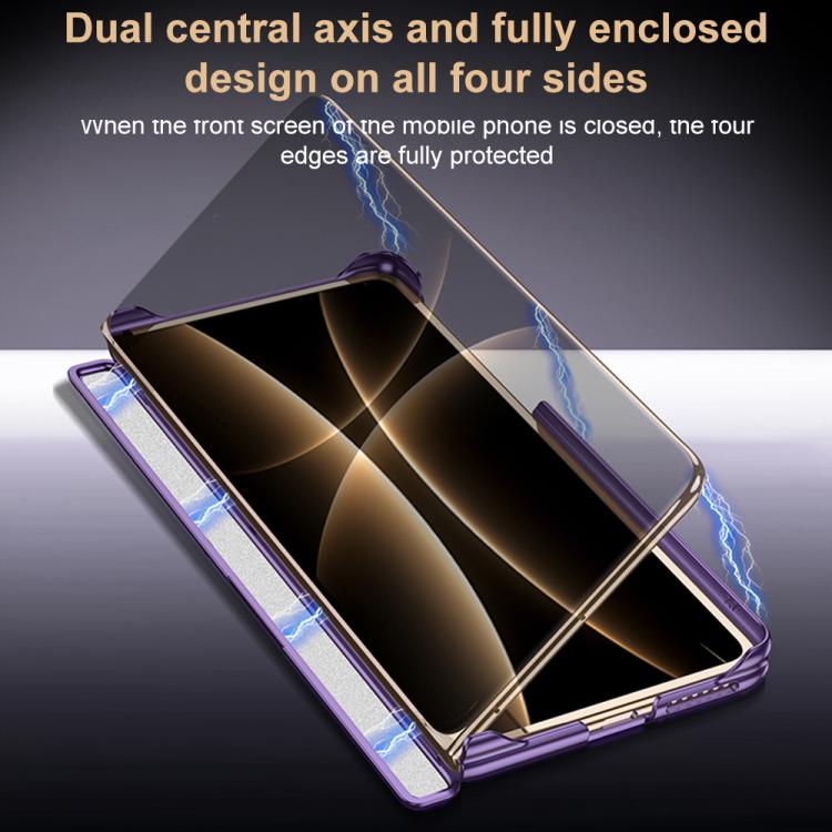 Purple phone case with central hinge and fully enclosed coverage