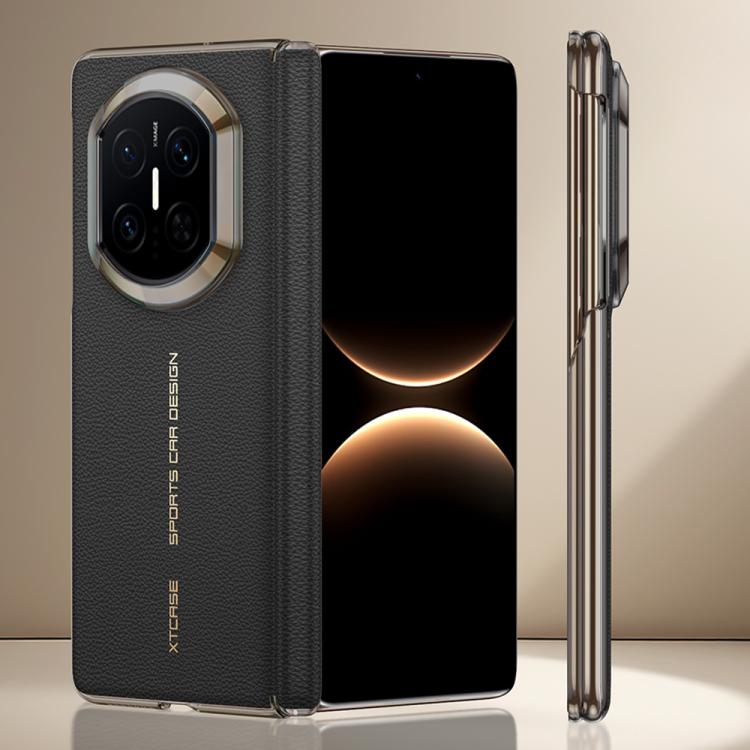 Black magnetic leather phone case with central hinge for Huawei Mate X7, camera cutout