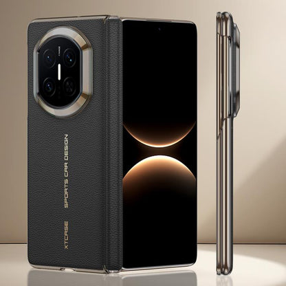 Black magnetic leather phone case with central hinge for Huawei Mate X7, camera cutout