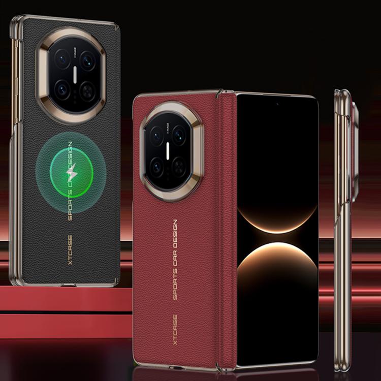Magnetic leather phone cases in black and red, central hinge, camera cutouts