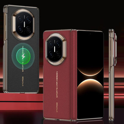 Magnetic leather phone cases in black and red, central hinge, camera cutouts