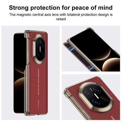 Red magnetic leather phone case with raised camera ring and central hinge protection