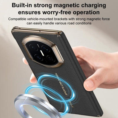 Black magnetic leather phone case with central hinge, camera cutout, hand holding it